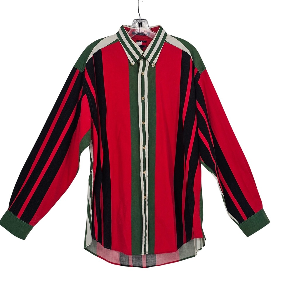 Tommy Hilfiger Button Down Shirt XL Red Green Striped Vintage 90s Preppy Retro